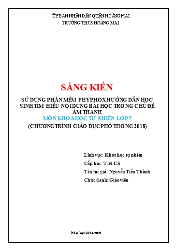 Mô tả sáng kiến Sử dụng phần mềm phyphox hướng dẫn học sinh tìm hiểu nội dung bài học trong chủ đề âm thanh môn Khoa học tự nhiên Lớp 7